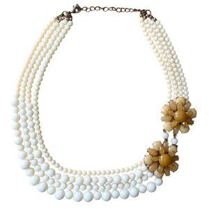 Stunning Vintage Multi-Strand Cream Bead Collar Necklace with Floral Accents